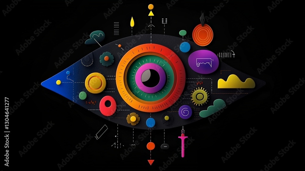 Poster colorful abstract eye design with geometric shapes and patterns