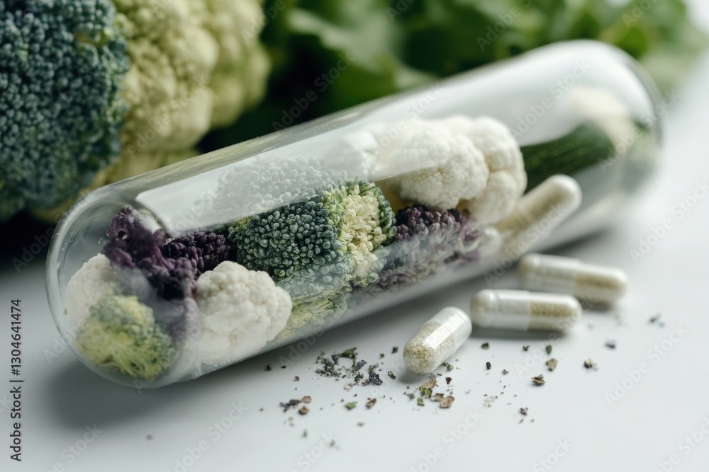Poster capsules for normalizing sugar levels on a background of fresh vegetables .