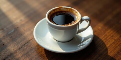 Espresso in small cup, dark coffee stain on saucer, brown, energy, breakfast