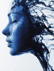 Fototapeta premium Creative abstract art of a womans profile with flowing blue elements symbolizing emotion and fluidity. Generative AI