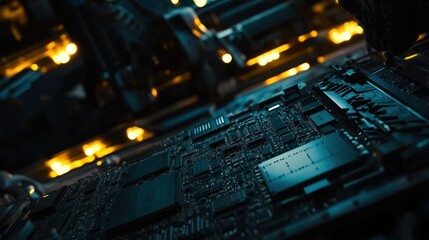 Fototapeta premium Close-up view of a circuit board, intricate details of technology, electronic components, advanced hardware, dark teal and amber tones, industrial setting