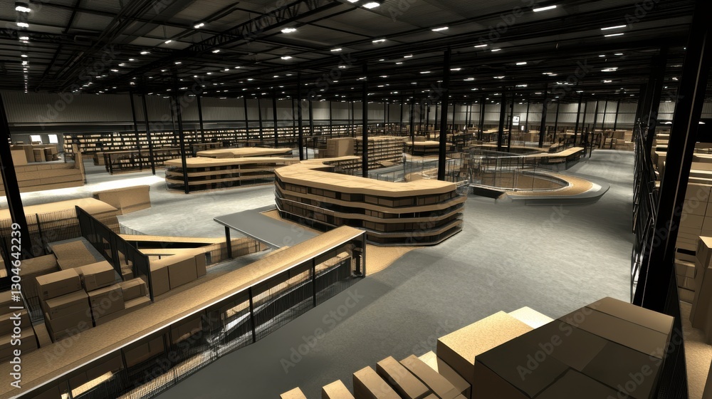 Poster aerial view of a bustling fulfillment center featuring high-tech scanning and sorting systems to enh