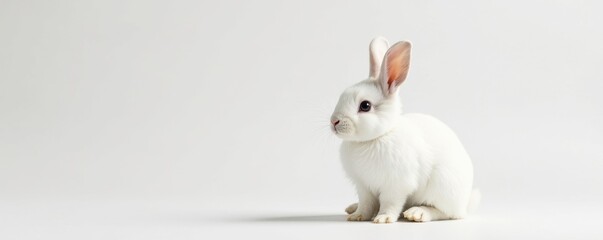Obraz premium Fluffy white rabbit sits alone on pure white backdrop, image, nose, bunny