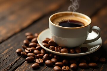 Freshly brewed coffee and raw beans, elegant presentation , caffeinated, flatlay