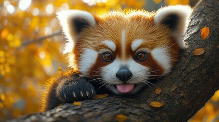 Obraz premium Playful Red Panda on Autumn Branch