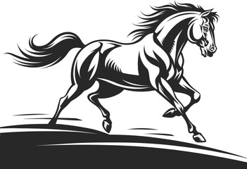 A bold and clean silhouette of a powerful horse in motion with its mane and tail streaming in the wind with isolated white background, black horse vector illustration