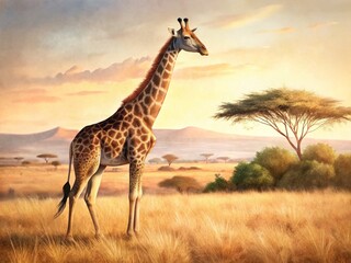 Obraz premium Majestic Giraffe in African Savanna: Copy Space for Text, Wildlife Photography