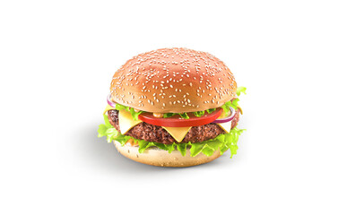 Blank beef hamburger with cheese mockup, side view