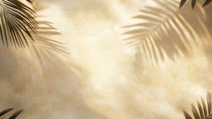 sunlit plaster wall adorned with the ethereal shadows of swaying palm fronds creating a serene and evocative botanical backdrop for design layouts
