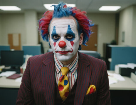 Middle-aged man dressed as a clown with messy blue hair, colorful face paint, and a red nose, wearing a dark pinstripe suit in an office setting