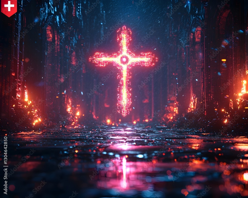 Aufkleber glowing pulsating cross concept in futuristic sci fi setting