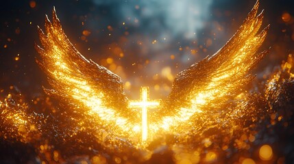 Glowing Celestial Cross Surrounded by Angelic Wings Radiating Divine Light