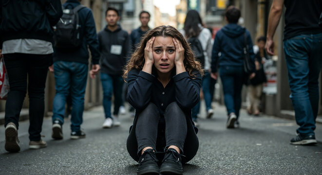 Woman with panic attack, sitting amidst a crowded street