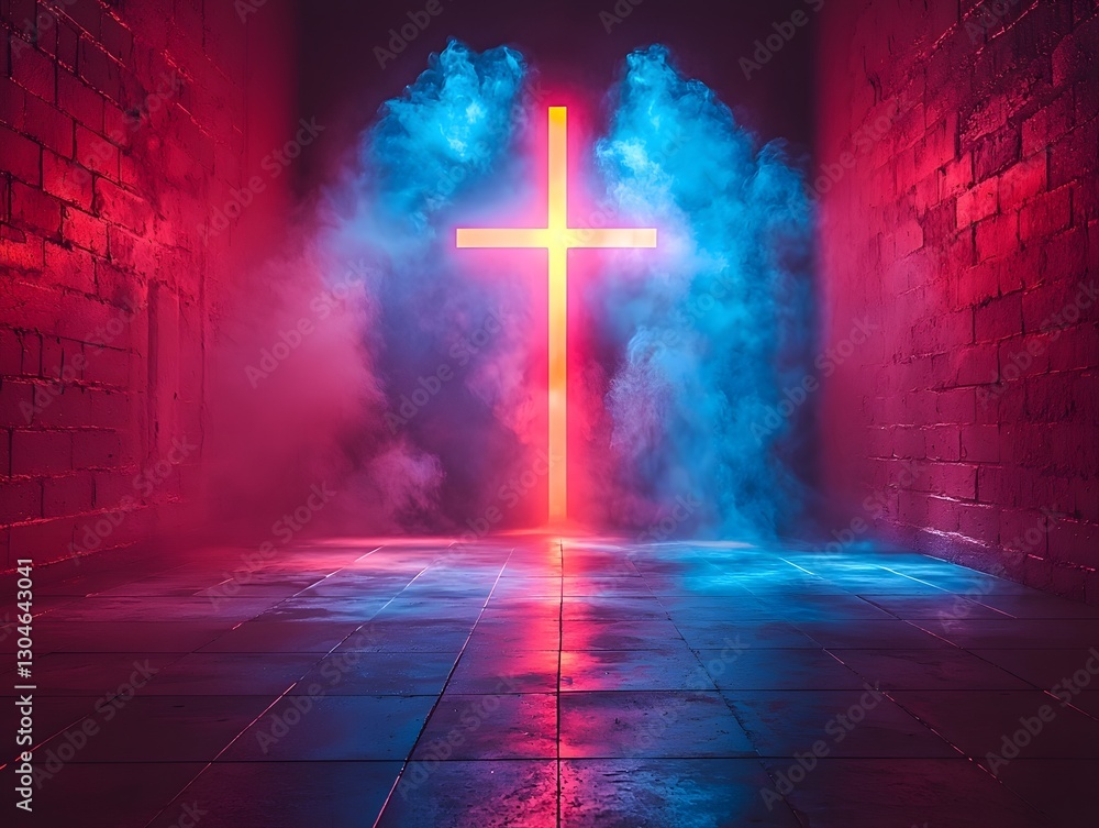 Poster vibrant glowing cross of intersecting beams casting brilliant rays in minimalist empty space