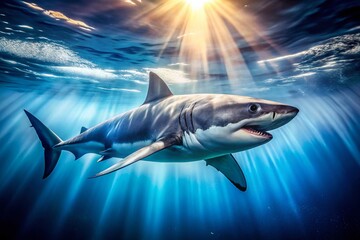 Fototapeta premium Majestic Great White Shark Underwater with Bokeh Effect - Ocean Wildlife Stock Photo