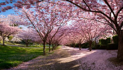 Fototapeta premium Cherry blossom trees in full bloom, pink petals gently falling to the ground in a serene park. The soft pastel colors create a peaceful and calming atmosphere, marking the beauty of spring. 