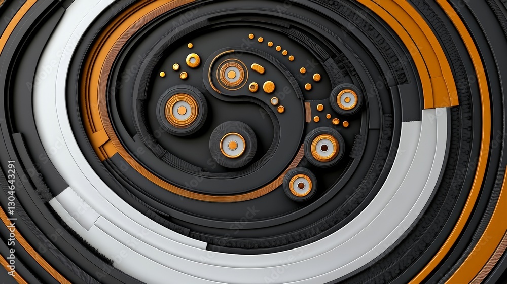 Poster abstract composition of circular and linear shapes in orange and black