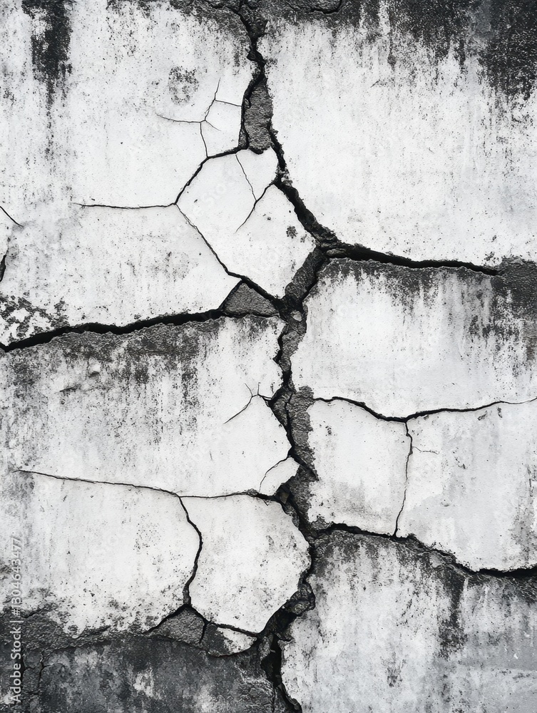 Poster weathered concrete wall with deep cracks creating a striking abstract pattern in monochrome tones