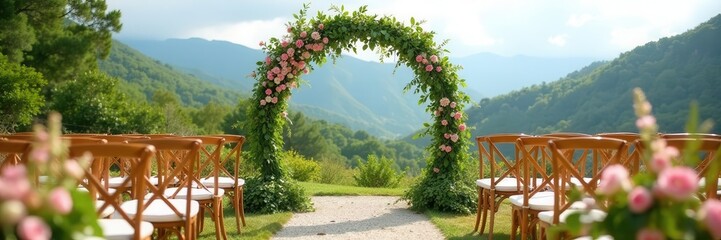Obraz premium Lush green eucalyptus and delicate pink blossoms create stunning wedding garlands on a hillside arch and chairs , spring, botanical, scenic