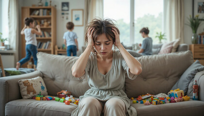 Overwhelmed young mother in a chaotic home environment