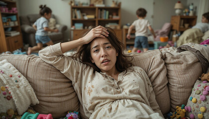 Overwhelmed young asian mother in a chaotic home environment