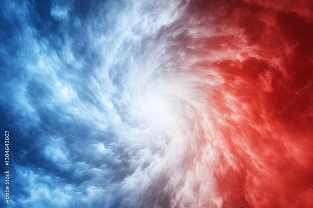 Poster abstract swirling blue, white, and red clouds with a vortex in the center, creating a dynamic and dr