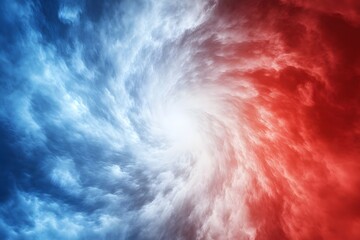 Fototapeta premium abstract swirling blue, white, and red clouds with a vortex in the center, creating a dynamic and dramatic scene
