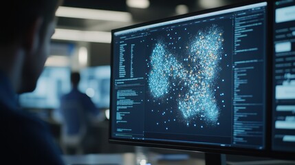 Fototapeta premium Data Scientist Analyzing Complex Datasets on a Large Monitor