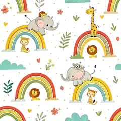 Adorable cartoon animals on rainbows colorful seamless pattern design fun lion cute baby kids child