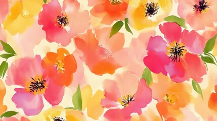 A lively summer wallpaper with abstract florals in fuchsia tangerine and yellow watercolor brushstrokes adding freshness to the composition