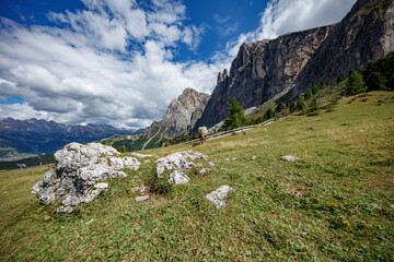 Majestic Dolomites landscape with rocky formations and lush greenery under a vibrant sky