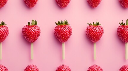 Strawberries on sticks arranged on pink background, for dessert or healthy snack