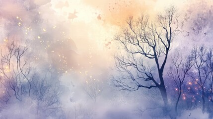 Watercolor dreamscape with pastel trees misty backdrop and glowing orbs wallpaper