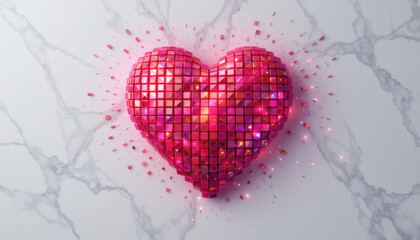 Dazzling pixel heart made of vibrant neon pink and red squares, glowing with depth and texture, isolated on a pure white background for a playful, retro-inspired design.