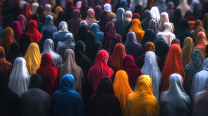 Obraz premium A large gathering of Muslim women dressed in colorful hijabs during prayer. The unity and devotion of the community. Islam, Islamic faith, Ramadan, spiritual connection in a religious setting