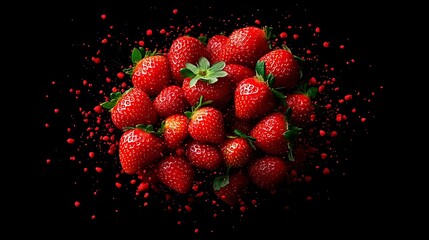 Strawberries splash on a black background, with red paint, for dessert or food advertisement