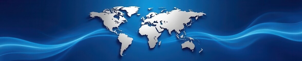 Obraz premium Silver world map on blue gradient, abstract wave lines Elegant, global concept , cartography, concept