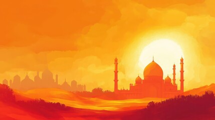 An orange illustration showing beautiful architecture and landscape scenes