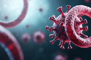 Detailed Visualization of a Digital Virus Infecting Human Skin Cells in a Scientific Illustration