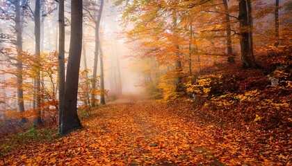 Fototapeta premium Autumn forest with golden and red leaves covering the ground, a misty path leading into the trees. The scene evokes a peaceful, tranquil atmosphere, capturing the essence of fall. 