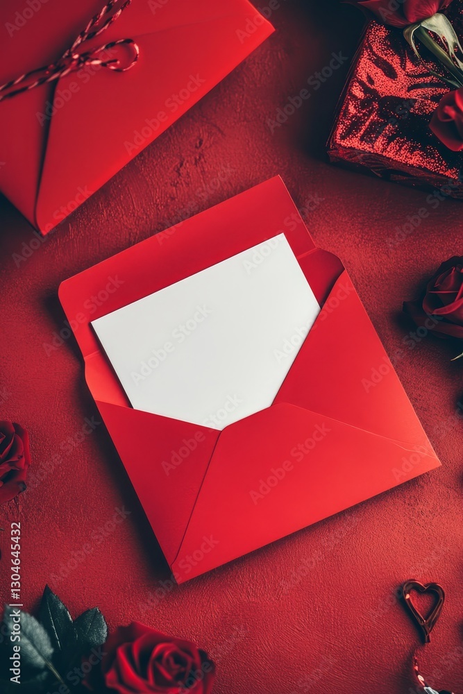Poster the image features an elegant red envelope paired with a blank card, surrounded by an arrangement of