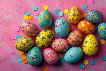 Painted Easter eggs confetti pink background