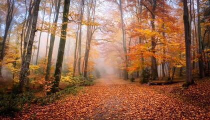 Fototapeta premium Autumn forest with golden and red leaves covering the ground, a misty path leading into the trees. The scene evokes a peaceful, tranquil atmosphere, capturing the essence of fall. 