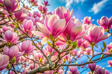 Fototapeta premium Majestic Magnolia Tree Blooming Against a Vivid Sky - Candid Photography Stock Photo