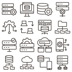 Database Management icon set. Includes of network, server, storage, analysis, folder, and More. Outline icons vector collection