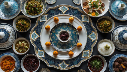 Luxurious Middle Eastern Feast with Ornate Blue and Gold Tableware, Traditional Hospitality
