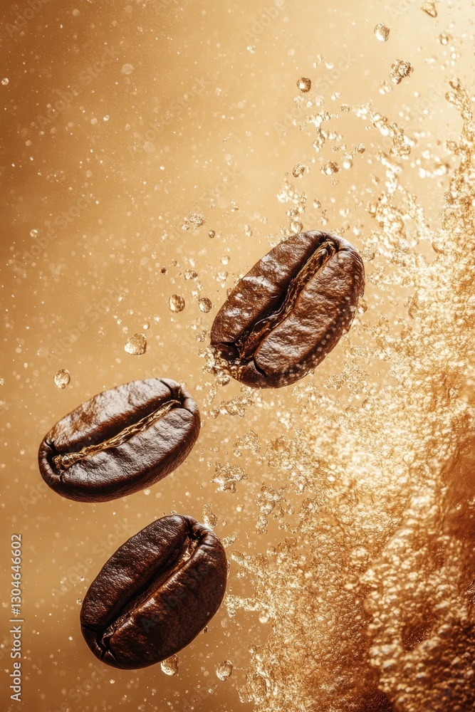 Poster coffee beans in a splash of liquid gold creating a dynamic and visually appealing composition perfec