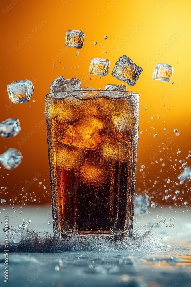 Poster refreshing cola beverage with ice cubes in motion against vibrant orange backdrop creating a dynamic