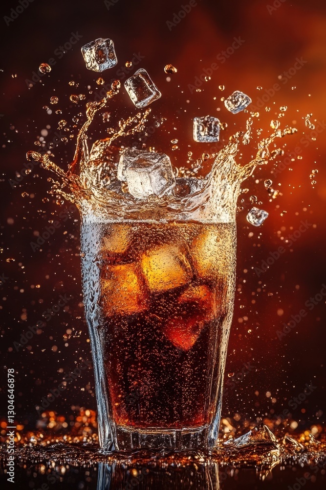 Poster refreshing cola drink with ice cubes splashing in a glass against a dark background in a studio shot