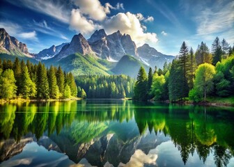 Fototapeta premium Majestic Mountain Lake Reflection: Serene Nature Landscape Photography